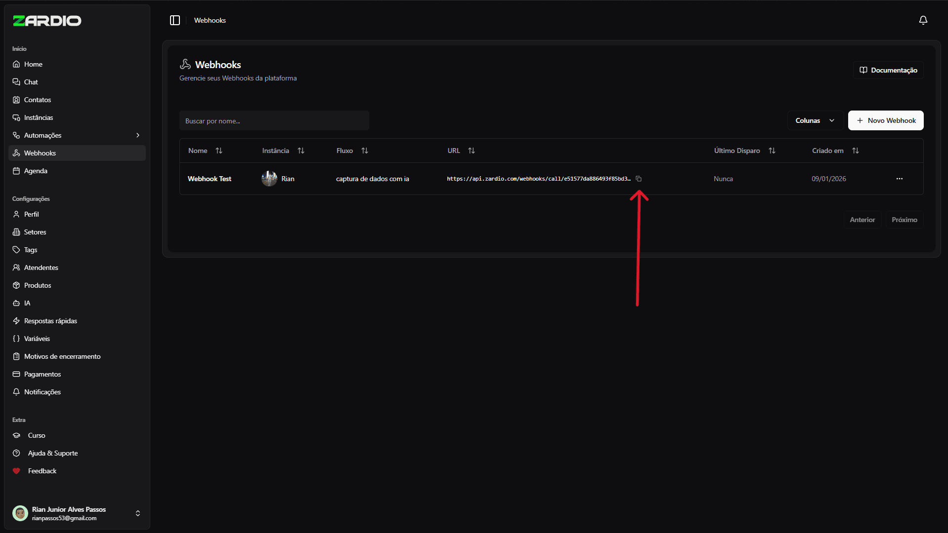 Lista de Webhooks com URL