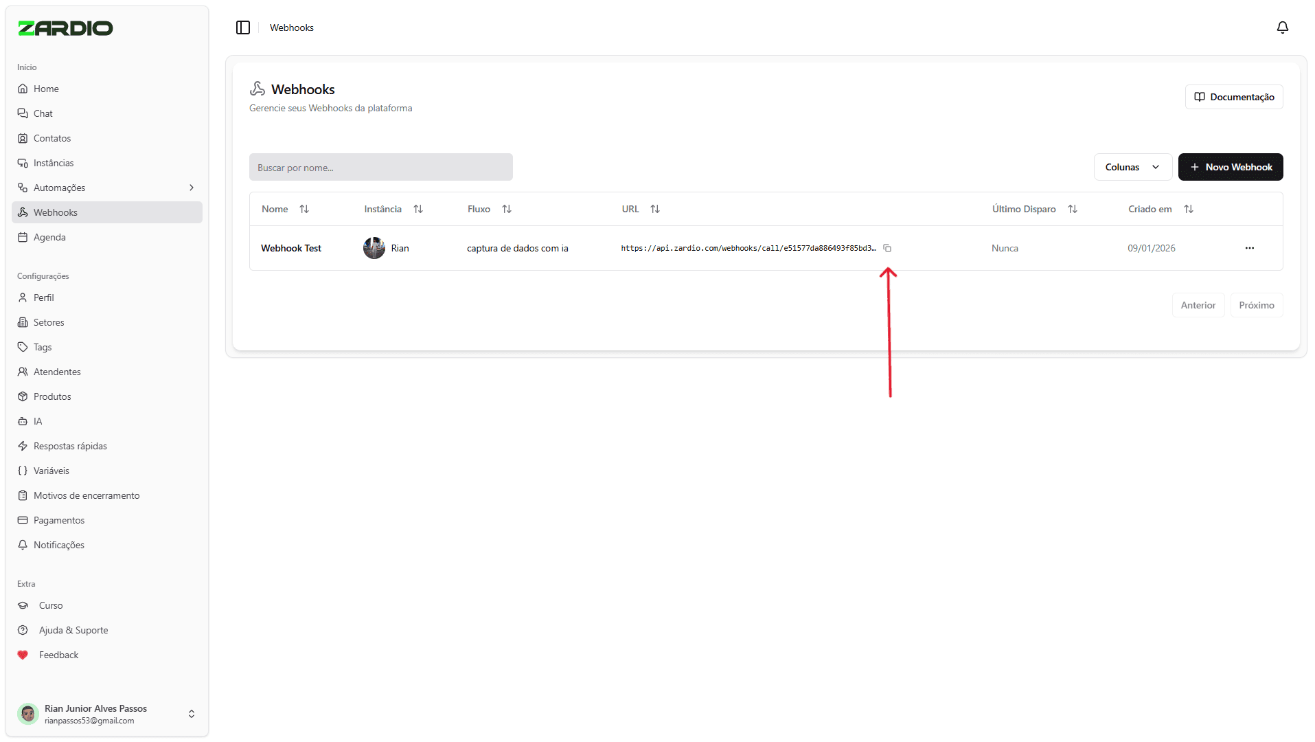 Lista de Webhooks com URL