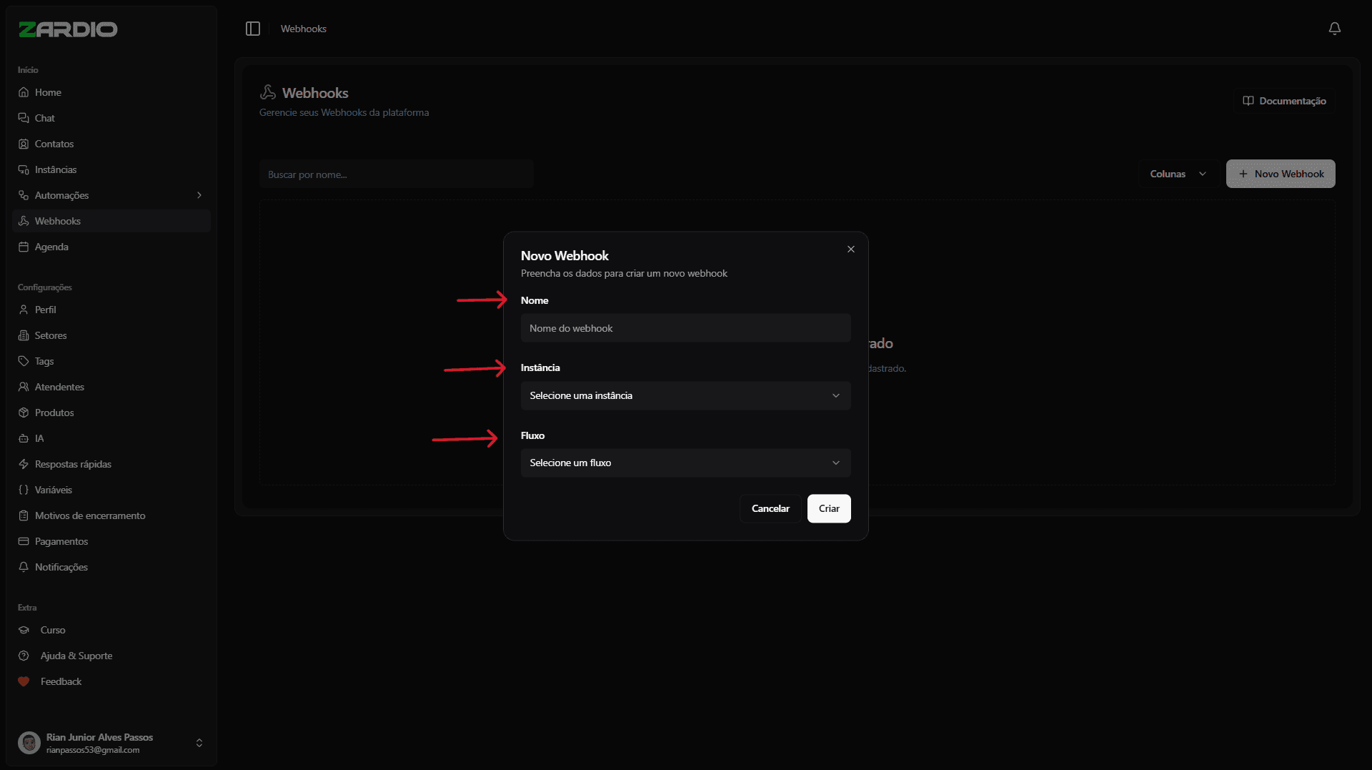 Modal de criação de Webhook
