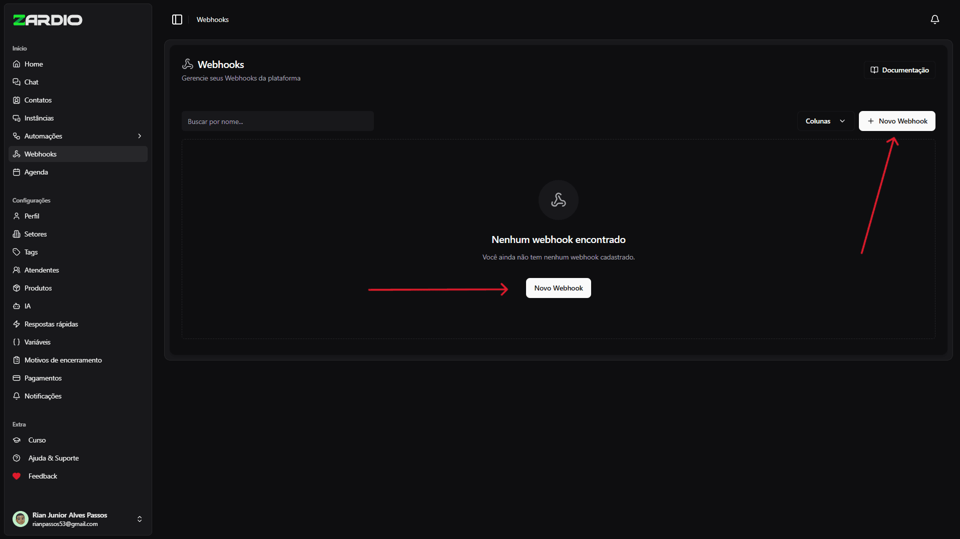 Tela de Webhooks com botão Novo Webhook