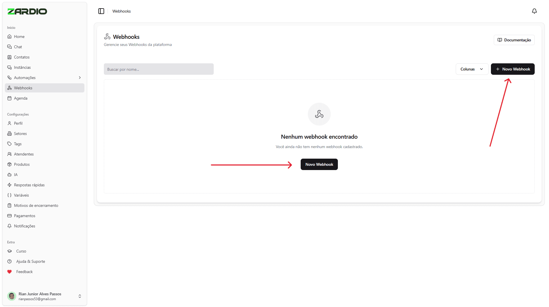 Tela de Webhooks com botão Novo Webhook